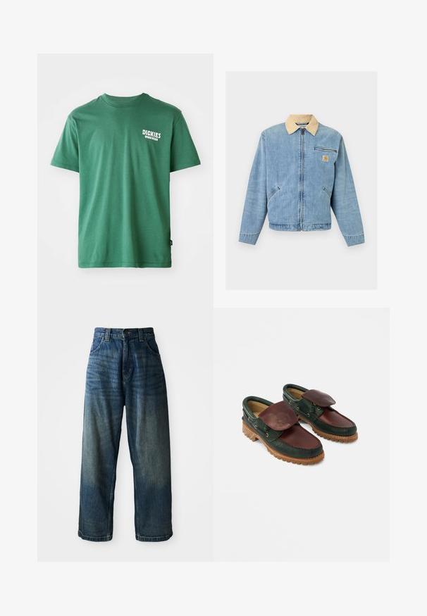 Lichtblauwe spijkerjas met beige kraag, ritssluiting aan de voorkant, twee onderste zakken, horizontale ritssluitingzak en Carhartt-logo op de borst.; Groene katoenen t-shirt met een ronde halslijn, korte mouwen en een wit logo op de linkerborst. Gladde textuur en een ontspannen pasvorm.; Wijdvallende blauwe denim jeans met een vervaagde afwerking. Bevat vijf zakken, een knoopsluiting en contrasterende stiksels. Zwaar gewicht stof.; Leren schoenen met een donkergroene body en een wijnrode bovenkant, een ronde neus, een beveiligde klep en een gestructureerde rubberen zool met groeven.