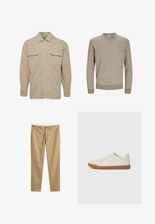 Camisa de botones beige hecha de una mezcla de algodón, con cuello recto, dos bolsillos en el pecho y mangas largas con puños abotonados.; Suéter beige de manga larga con cuello redondo, puños y dobladillo acanalados, exhibido sobre un fondo blanco.; Pantalones chinos beige de corte recto con trabillas para cinturón, botón frontal, cierre de cremallera y bolsillos laterales, mostrados extendidos sobre un fondo blanco.; Zapatilla blanca hecha de cuero suave con suela de goma, con costuras sencillas y un pequeño logo dorado en el lado.