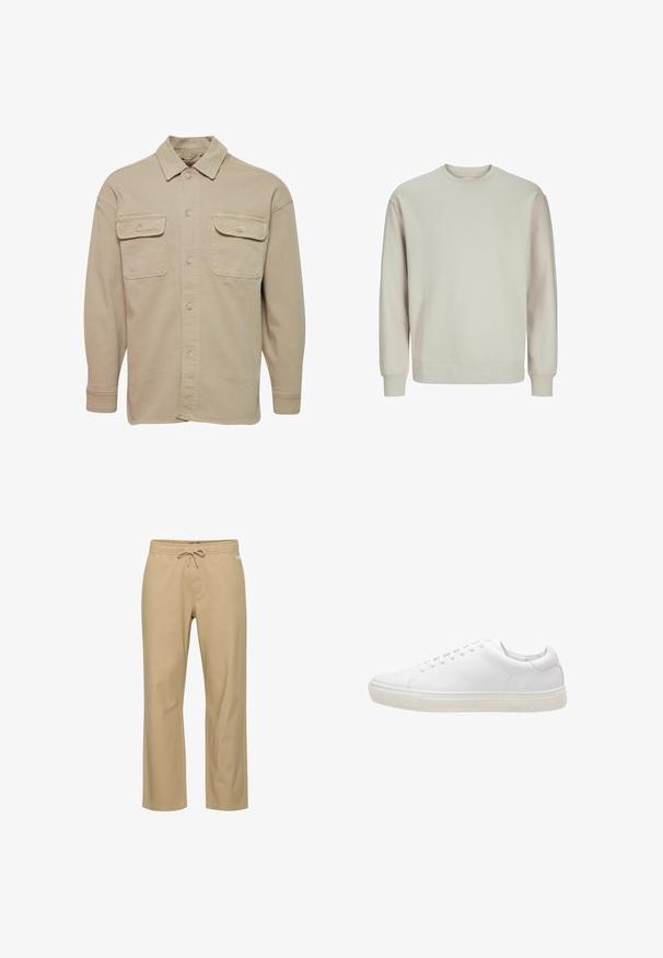 Beige skjorte med knapper lavet af bomuldsblanding, udstyret med spidse kraver, to brystlommer og lange ærmer med knapmanchetter.; Lys grå sweatshirt lavet af blødt stof, med rund hals, lange ærmer og ribbestrikkede manchetter og kant for en behagelig pasform.; Beige bomuldsbukser med afslappet pasform, elastik i taljen og snøre. Har sidelommer og lige ben. Ingen synlige mønstre.; Hvide lædersneakers med en glat overflade, rund tå, snørebåndslukning og flad gummisål. Minimalistisk design uden synlige mønstre.