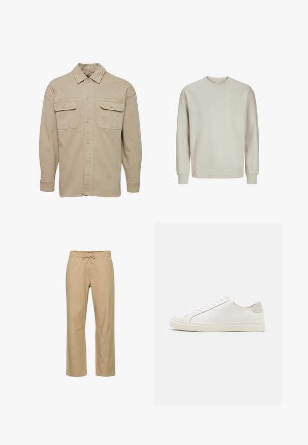Camisa de botones beige hecha de una mezcla de algodón, con cuello recto, dos bolsillos en el pecho y mangas largas con puños abotonados.; Sudadera gris claro hecha de tejido suave, con cuello redondo, mangas largas y puños y dobladillo acanalados para un ajuste cómodo.; Pantalones de algodón beige de corte relajado con cintura elástica y cordón. Presentan bolsillos laterales y corte recto en las piernas. Sin patrones visibles.; Zapatilla blanca de cuero con una superficie suave, punta redonda y diseño minimalista. Presenta acentos en beige en el talón y una suela de goma.