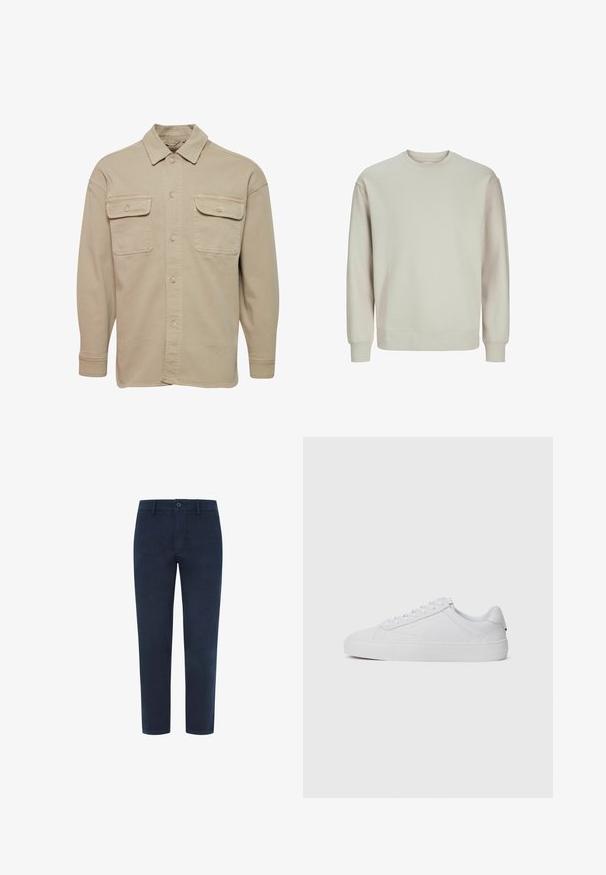 Camisa de botones beige hecha de una mezcla de algodón, con cuello recto, dos bolsillos en el pecho y mangas largas con puños abotonados.; Sudadera gris claro hecha de tejido suave, con cuello redondo, mangas largas y puños y dobladillo acanalados para un ajuste cómodo.; Chinos de algodón azul marino con cierre de botón, patas rectas y una textura suave. Presenta bolsillos laterales y un bolsillo trasero.; Zapatillas bajas blancas hechas de cuero suave, con punta redonda, cordones planos y suela de goma texturizada. Diseño minimalista sin marcas visibles.