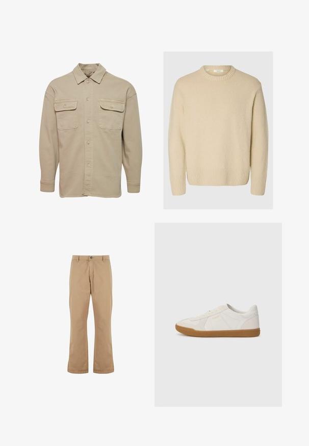 Beige overheadshirt van een katoenmix, met een puntige kraag, twee borstzakken en lange mouwen met knoopmanchetten.; Crèmekleurige trui van textuurstof. Voorzien van een geribbelde ronde halslijn en geribbelde manchetten, met een ontspannen pasvorm en lange mouwen.; Beige katoenen broek met een rechte snit, voorzien van een knoopsluiting, zijzakken en een gladde textuur.; Witte sneaker gemaakt van glad leer met een gumrubberen zool, voorzien van eenvoudige stiksels en een klein gouden logo aan de zijkant.
