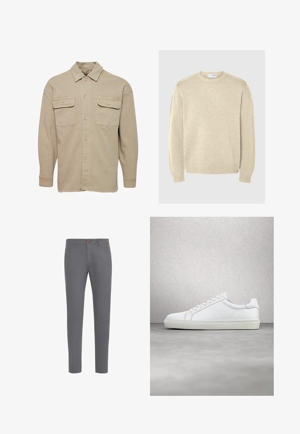 Beige skjorte med knapper lavet af bomuldsblanding, udstyret med spidse kraver, to brystlommer og lange ærmer med knapmanchetter.; Lys beige striktrøje med rund halsudskæring, lange ærmer, ribbede manchetter og kant. Glat tekstur med et mellemtykt mønster.; Grå bomuldsbukser med et tætsiddende design, der har en knaplukning, standardlommer og en glat tekstur.; Hvide sneakers med en glat læderoverdel og lav profil. Har en rund tå, seks snørehuller og en tekstureret gummisål.