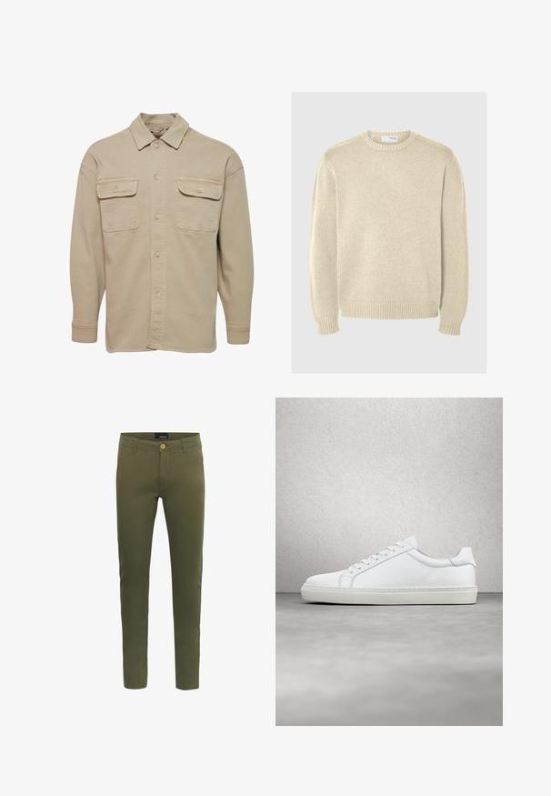 Chemise beige à manches longues en mélange de coton, avec un col pointu, deux poches poitrine et des poignets à boutons.; Pull en maille beige clair avec un col rond, des manches longues, des poignets et un ourlet côtelés. Texture lisse avec un motif de moyenne épaisseur.; Pantalons vert olive en mélange de coton doux, avec fermeture à bouton sur le devant, passants de ceinture et coupe slim.; Sneaker blanche avec une tige en cuir lisse et un profil bas. Présente un bout arrondi, six œillets et une semelle en caoutchouc texturé.