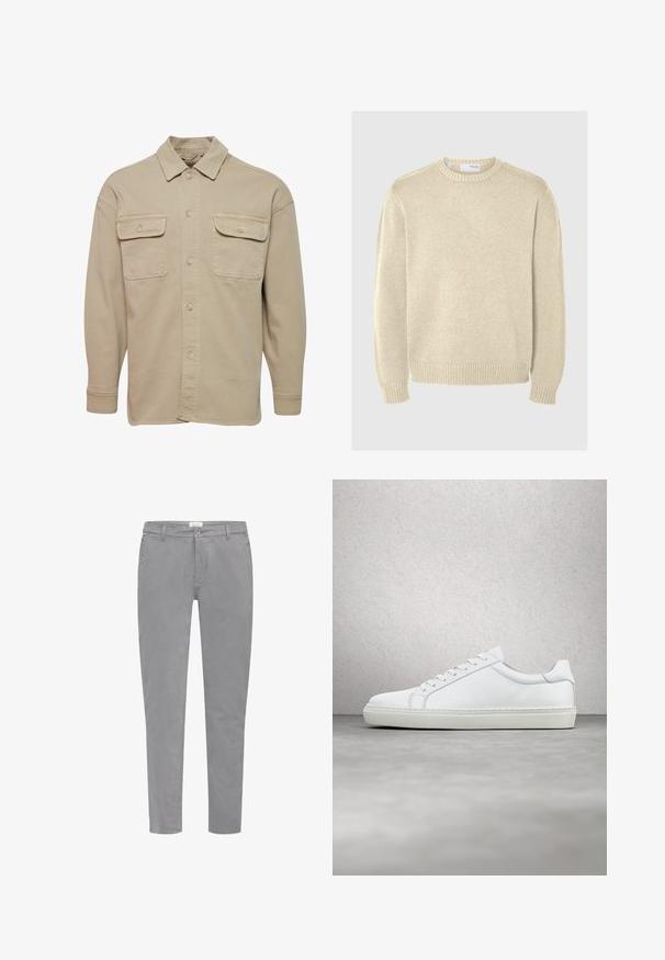 Chemise beige à manches longues en mélange de coton, avec un col pointu, deux poches poitrine et des poignets à boutons.; Pull en maille beige clair avec un col rond, des manches longues, des poignets et un ourlet côtelés. Texture lisse avec un motif de moyenne épaisseur.; Chinos en coton gris avec une coupe ajustée, poches avant, fermeture par bouton et passants pour ceinture. Texture lisse avec des détails de design minimalistes.; Sneaker blanche avec une tige en cuir lisse et un profil bas. Présente un bout arrondi, six œillets et une semelle en caoutchouc texturé.