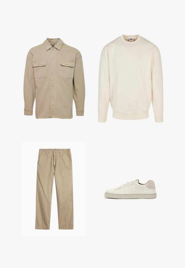 Beige overheadshirt van een katoenmix, met een puntige kraag, twee borstzakken en lange mouwen met knoopmanchetten.; Crème kleurige sweatshirt met een geribde halslijn en boorden. Heeft een losse pasvorm, zachte textuur en geen zichtbare patronen of graphics.; Beige rechte pijpen chinos met riemlussen, voorkant met knoop en rits sluiting, en schuine voorzakken.; Witte leren lage sneaker met witte veters, licht gestructureerde zool en lichtgrijze suède hielpatch, zijaanzicht.