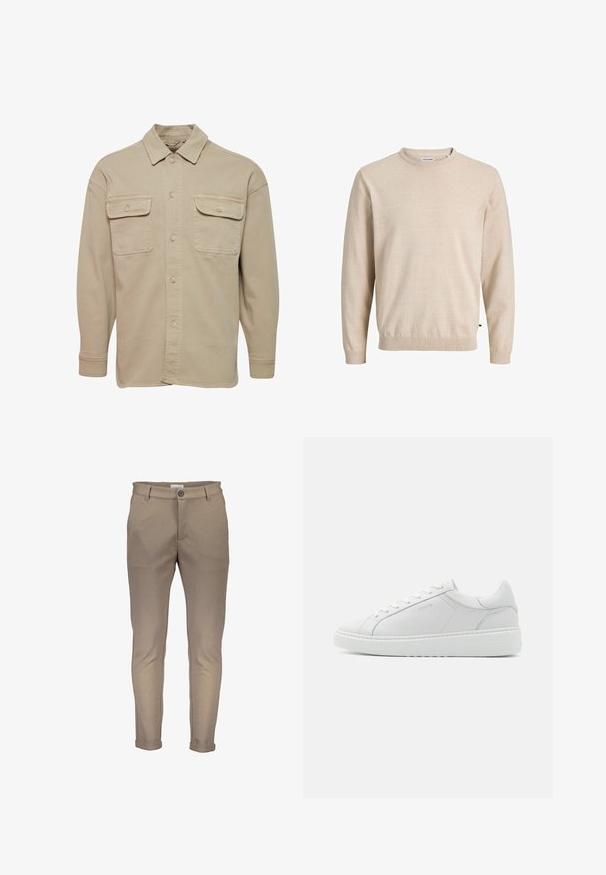 Beige Hemdblusenshirt aus Baumwollmischung mit spitzem Kragen, zwei Brusttaschen und langen Ärmeln mit geknöpften Manschetten.; Beiger Strickpullover mit rundem Ausschnitt, langen Ärmeln, gerippten Bündchen und Saum, mit einem dezenten Muster und einem Logotag an der Seite.; Beige Baumwollmischhosen mit schmaler Passform, versehen mit einem Knopfverschluss, Gürtelschlaufen und aufgerollten Beinen. Glatte Textur mit sauberer Naht.; Weißer Ledersneaker mit glatter Textur, runder Zehenpartie, niedrigem Profil und dezentem Branding an der Seite. Gepolsterter Schaft und Schnürsenkel.