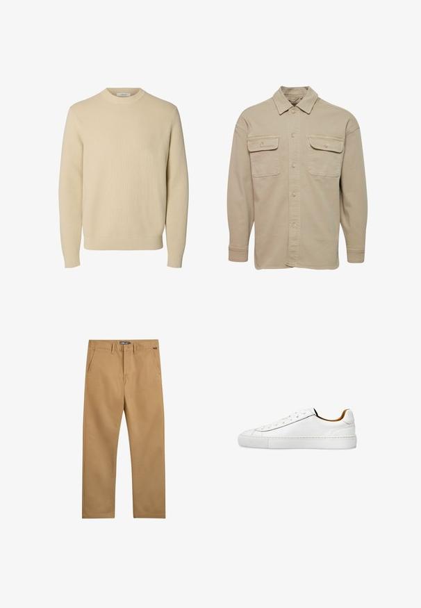 Beige overheadshirt van een katoenmix, met een puntige kraag, twee borstzakken en lange mouwen met knoopmanchetten.; Effen beige ronde hals gebreide trui met lange mouwen en geribde boorden en zoom.; Tan chino's met een gladde textuur, rechte snit, twee zijzakken en een knoopsluiting, voorzien van een klein logo op de tailleband.; Witte leren lage sneaker met witte veters, platte zool en beige voering, zijaanzicht op witte achtergrond.