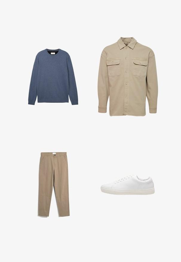 Beige overheadshirt van een katoenmix, met een puntige kraag, twee borstzakken en lange mouwen met knoopmanchetten.; Donkerblauwe crewneck trui, vervaardigd uit zachte stof met een gladde textuur, met lange mouwen en ribbelboorden en -zoom.; Farah NORWOOD - Broek - beige; Witte leren sneaker met een gladde textuur, ronde neus, vetersluiting en een platte rubberen zool. Minimalistisch ontwerp zonder zichtbare patronen.