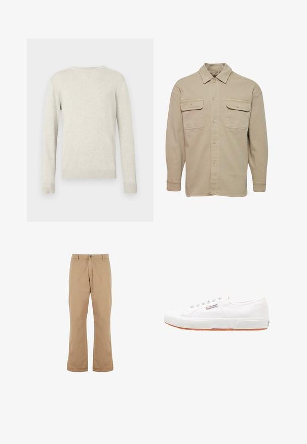Beige skjorte med knapper lavet af bomuldsblanding, udstyret med spidse kraver, to brystlommer og lange ærmer med knapmanchetter.; Beige sweater med lange ærmer og rund halsudskæring, med ribbede manchetter og kant, præsenteret mod en simpel hvid baggrund.; Beige bomuldsbukser med lige pasform, der har knaplukning, forlommer og en glat tekstur.; Hvide kanvas sneakers med gummisål, snørebåndsdesign og et lille logo mærke på siden. Tekstureret hvid overdel og brun ydersål.