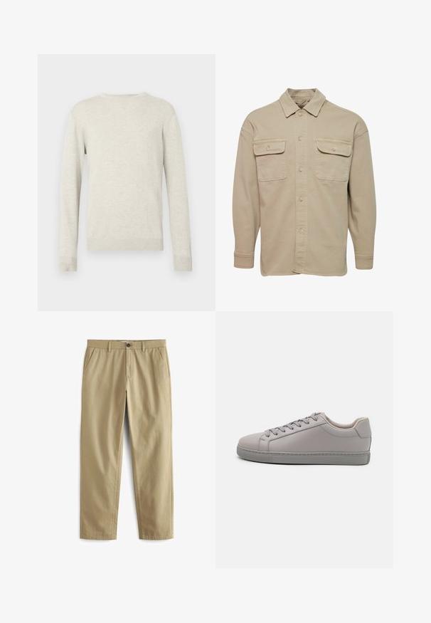 Beige skjorte med knapper lavet af bomuldsblanding, udstyret med spidse kraver, to brystlommer og lange ærmer med knapmanchetter.; Beige sweater med lange ærmer og rund halsudskæring, med ribbede manchetter og kant, præsenteret mod en simpel hvid baggrund.; Beige bukser lavet af en bomuldsblanding, med knaplukning, to forlommer og lige ben med minimal tekstur.; Grå lædersneaker med en glat finish, flade snørebånd, rund tå og en kontrasterende grå gummisål. Minimalistisk design og tekstur.