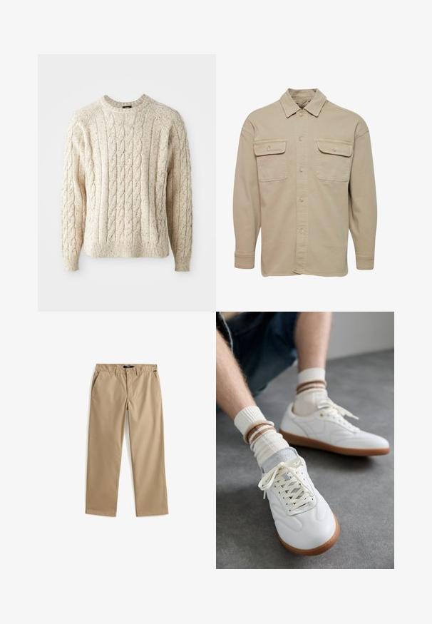 Beige Hemdblusenshirt aus Baumwollmischung mit spitzem Kragen, zwei Brusttaschen und langen Ärmeln mit geknöpften Manschetten.; Cremfarbener Kabelstrickpullover mit Rundhalsausschnitt, strukturiertem Muster und gerippten Bündchen und Saum. Hergestellt aus weicher, dicker Wolle.; Beige Chinos mit geradem Bein, gefertigt aus leichtem Baumwollstoff. Verfügen über zwei Vordertaschen und einen Knopfverschluss. Glatte Textur, minimalistische Details.; Weiße Ledersneaker mit glatter Textur, grauen Wildlederelementen, beigen Gummisohlen und flachen Schnürsenkeln. Kombiniert mit cremefarbenen und braun gestreiften Socken.