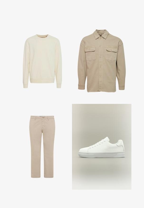 Beige nööpidega särk, mis on valmistatud puuvillasegust, millel on terav krae, kaks rinna taskut ja pikkade varrukatega nööpidega mansetid.; Heledbeezh sweatshirt, ümmargune kaelus, pikad varrukad, pehme kangas, ribaga mansetid ja alumine äär, külgmised lõhikuid kergema liikumise jaoks, minimalistlik disain.; Heledadbeži chinosid, mis on valmistatud puuvilla segakangast. Sirge sääre disain koos ees oleva nööpiga ja kahe küljetaskuga. Sujuv tekstuur.; Valged madalad spordijalatsid eespaela kinnitusega, pehmendatud kraega ja tekstureeritud kummist tallaga, näidatud küljeprofiilil neutraalsel taustal.