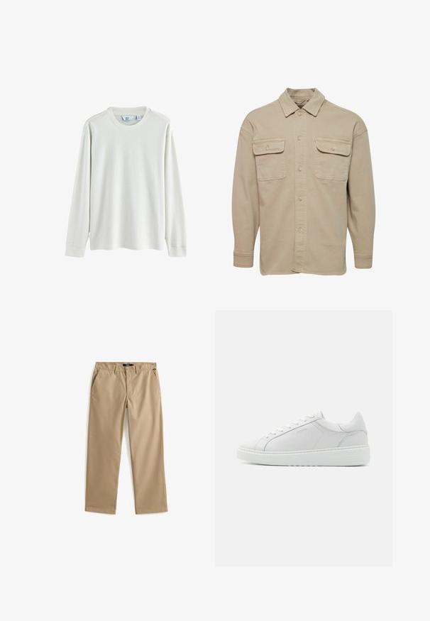 Chemise beige à manches longues en mélange de coton, avec un col pointu, deux poches poitrine et des poignets à boutons.; Chemise à manches longues de couleur vert clair, en tissu texturé, avec un col rond et des poignets côtelés. Étiquette de la marque visible à l'intérieur.; Pantalon beige à jambes droites avec fermeture à bouton et fermeture éclair, passants de ceinture et poches latérales, posé à plat sur un fond blanc.; Baskets blanches en cuir avec une texture lisse, bout rond, design bas et branding subtil sur le côté. Collier rembourré et lacets.