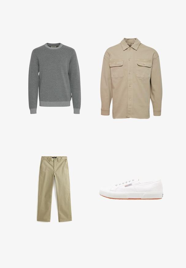 Beige skjorte med knapper lavet af bomuldsblanding, udstyret med spidse kraver, to brystlommer og lange ærmer med knapmanchetter.; Grå striktrøje med rund halsudskæring, lange ærmer og ribbede manchetter. Har en struktureret stof og et subtilt mønster hele vejen igennem.; Beige bomulds chinos med lige ben design, der har to forlommer og en klassisk knaplukning. Glat tekstur, minimale detaljer.; Hvide kanvas sneakers med gummisål, snørebåndsdesign og et lille logo mærke på siden. Tekstureret hvid overdel og brun ydersål.
