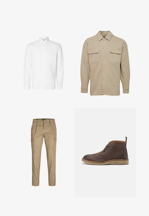 Camisa de botones beige hecha de una mezcla de algodón, con cuello recto, dos bolsillos en el pecho y mangas largas con puños abotonados.; Camisa blanca de manga larga hecha de lino, con cuello abotonado, botones en el frente y un ajuste relajado con puños rectos.; Pantalones cargo beige hechos de una mezcla de algodón. Cuenta con dos bolsillos laterales, un cierre de botón y un diseño de pierna recta. Textura suave y corte entallado.; Botín de cuero marrón hasta el tobillo con punta redonda, diseño con cordones y suela de goma color crema. Presenta una tira de agarre en el talón.