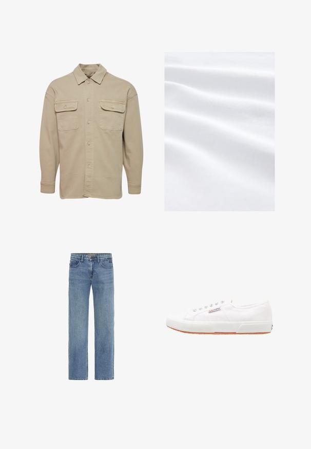 Beige skjorte med knapper lavet af bomuldsblanding, udstyret med spidse kraver, to brystlommer og lange ærmer med knapmanchetter.; Blødt, glat hvidt stof med subtile vandrette folder og et fint, struktureret vævemønster, jævnt oplyst uden skygger.; Lyseblå denimjeans med lige ben, der har klassisk fem-lommede design og synlige syninger. Ingen udsmykninger.; Hvide kanvas sneakers med gummisål, snørebåndsdesign og et lille logo mærke på siden. Tekstureret hvid overdel og brun ydersål.