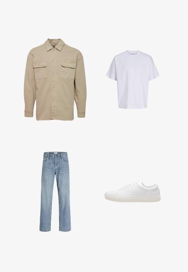 Beige skjorte med knapper lavet af bomuldsblanding, udstyret med spidse kraver, to brystlommer og lange ærmer med knapmanchetter.; Simpel hvid oversized t-shirt med korte ærmer, rund hals og løs pasform mod en hvid baggrund.; Lyseblå denimjeans med lige ben, høj talje, fem-lommers design og subtilt slid, med metalknaplukning.; Hvide lædersneakers med en glat overflade, rund tå, snørebåndslukning og flad gummisål. Minimalistisk design uden synlige mønstre.