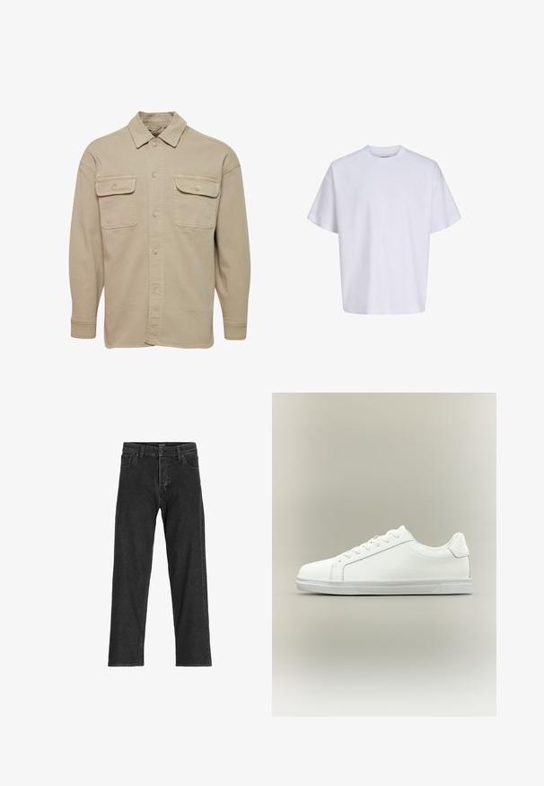 Beige skjorte med knapper lavet af bomuldsblanding, udstyret med spidse kraver, to brystlommer og lange ærmer med knapmanchetter.; Simpel hvid oversized t-shirt med korte ærmer, rund hals og løs pasform mod en hvid baggrund.; Sorte denim jeans med lige ben-design, som har lynlås, bæltestropper og seks lommer, lavet af et robust bomuldsblandingsstof.; Lavtop hvid sneaker med snørelukning foran og tekstureret gummisål mod en ensartet neutral baggrund.