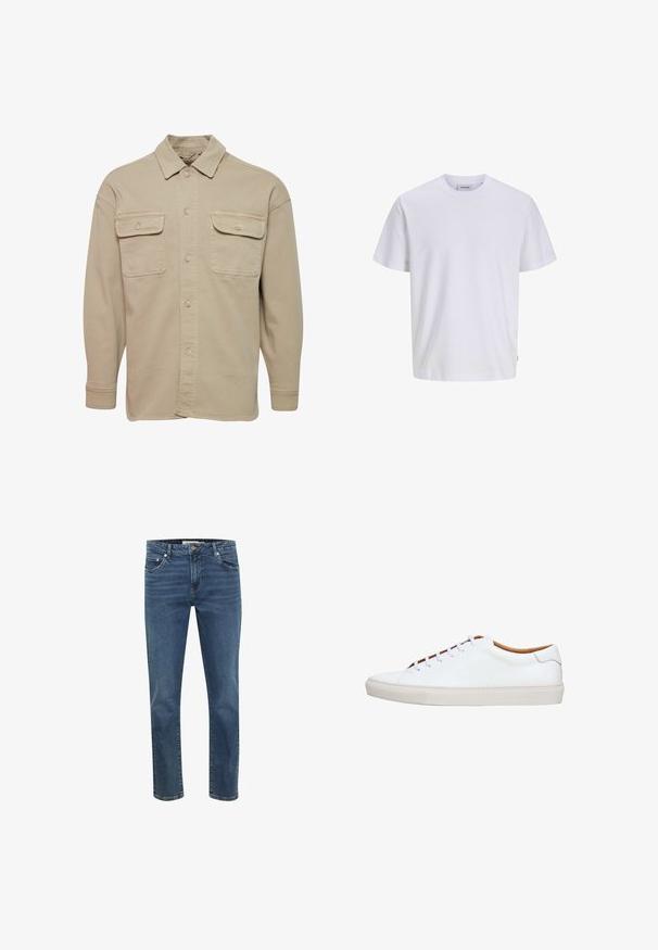 Beige Hemdblusenshirt aus Baumwollmischung mit spitzem Kragen, zwei Brusttaschen und langen Ärmeln mit geknöpften Manschetten.; Schlichtes weißes T-Shirt mit kurzen Ärmeln und Rundhalsausschnitt, geradem Saum, auf weißem Hintergrund dargestellt.; Dunkelblaue Jeans aus Denim mit geradem Schnitt, fünf Taschen und kontrastierenden Nähten. Verfügbar mit einem Reißverschluss und einem Metallknopf am Bund.; Weißer Ledersneaker mit einer strukturierten Gummisohle, rundem Zehenbereich und kontrastierendem, braunem Innenfutter. Verfügt über fünf Ösen und weiße Schnürsenkel.