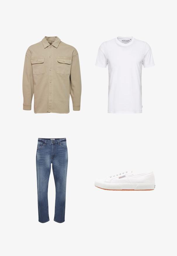 Beige overheadshirt van een katoenmix, met een puntige kraag, twee borstzakken en lange mouwen met knoopmanchetten.; Witte korte mouwen t-shirt van katoen, met een ronde hals en een eenvoudig ontwerp. Merktag zichtbaar op het nekgebied. Geen patronen of accenten.; Denim jeans in middelblauw met een vervaagde afwerking, vijf zakken ontwerp, ritsvlieg, en een standaard rechte pijp snit. Kenmerkende stikseldetails.; Witte canvas sneakers met een rubberen zool, vetersluiting en een klein logolabel aan de zijkant. Gewreven wit bovenwerk en een bruine zool.