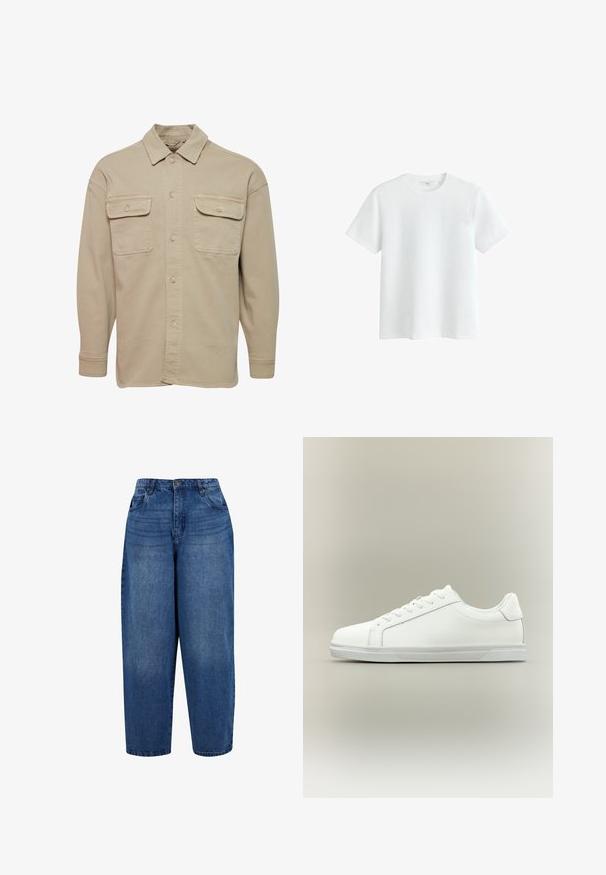 Beige skjorte med knapper lavet af bomuldsblanding, udstyret med spidse kraver, to brystlommer og lange ærmer med knapmanchetter.; Hvid kortærmet bomulds t-shirt med rund halsudskæring, vist på hvid baggrund.; Højtaljede straight-leg jeans i mellemblå denim. Har fem-lomme design, metalknap lukning og dobbelt-stitchet kant.; Lavtop hvid sneaker med snørelukning foran og tekstureret gummisål mod en ensartet neutral baggrund.
