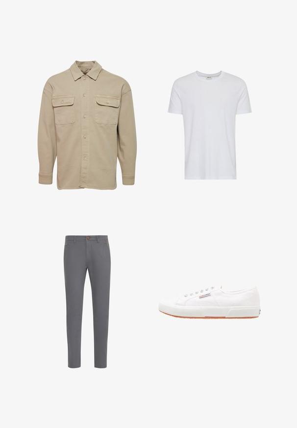 Camisa de botones beige hecha de una mezcla de algodón, con cuello recto, dos bolsillos en el pecho y mangas largas con puños abotonados.; Camiseta blanca lisa de manga corta y cuello redondo, mostrada sobre un fondo blanco, con una pequeña etiqueta en el cuello que muestra la marca “Solid”.; Pantalones de algodón grises con un diseño ajustado, que cuentan con un cierre de botón, bolsillos estándar y una textura suave.; Zapatillas de lona blancas con suela de goma, diseño de cordones y una pequeña etiqueta con el logo en el lateral. Parte superior texturizada blanca y suela marrón.