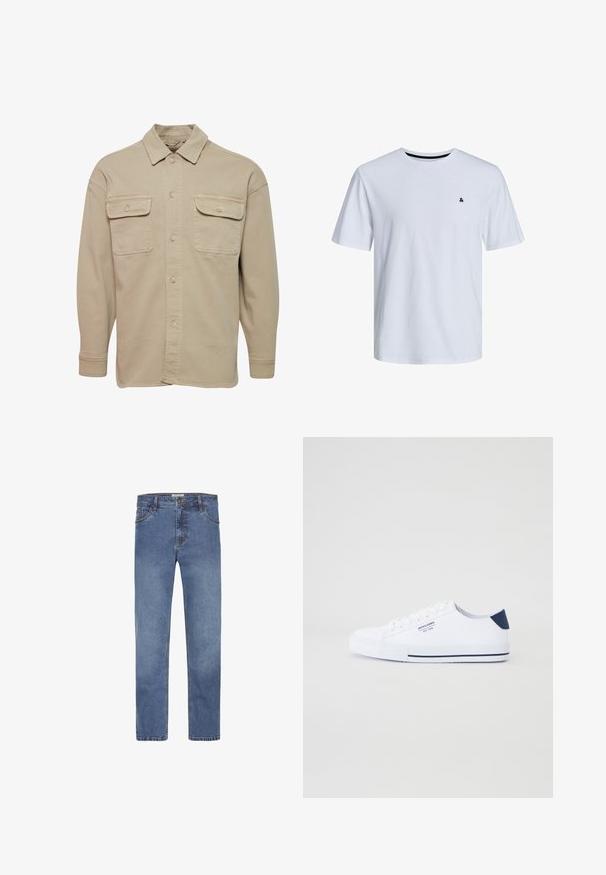 Chemise beige à manches longues en mélange de coton, avec un col pointu, deux poches poitrine et des poignets à boutons.; T-shirt en coton blanc à manches courtes, col rond et un petit logo noir accentué sur le côté gauche de la poitrine.; Jeans en denim bleu clair avec une coupe droite, cinq poches et des surpiqûres contrastantes. Dotés d'une fermeture à bouton et à glissière.; Baskets en toile blanches avec un accent de talon marine, semelle en caoutchouc plate, bout rond et lacets blancs. Présente un logo sur le côté.