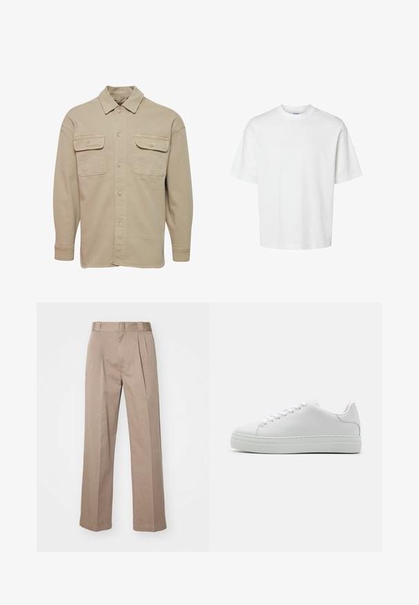 Beige overheadshirt van een katoenmix, met een puntige kraag, twee borstzakken en lange mouwen met knoopmanchetten.; Effen witte korte mouw T-shirt met ronde hals en een losse pasvorm, getoond op een witte achtergrond.; Beige, hoge taille broek met een wijde pijpontwerp. Bevat twee voorplooien en een soepele textuur. Standaard lengte met een nette afwerking.; Witte leren sneaker met een chunky platformzool, ronde neus en zes veterogen. Gladde textuur met subtiele stiksels.
