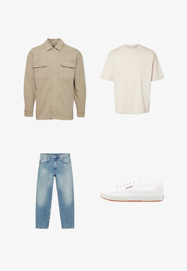 Chemise beige à manches longues en mélange de coton, avec un col pointu, deux poches poitrine et des poignets à boutons.; T-shirt en coton beige uni, manches courtes, oversize, col rond, présenté à plat sur fond blanc.; Jean droit en denim bleu avec poches avant et passants de ceinture, présentant des détails légèrement décolorés sur les cuisses et les genoux.; Baskets en toile blanches avec une semelle en caoutchouc, design à lacets et une petite étiquette logo sur le côté. Tige blanche texturée et semelle extérieure marron.