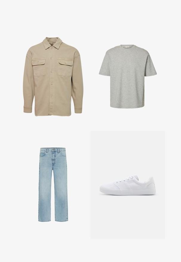 Beige skjorte med knapper lavet af bomuldsblanding, udstyret med spidse kraver, to brystlommer og lange ærmer med knapmanchetter.; Lysegrå kortærmet T-shirt med rund hals, løs pasform og blødt bomuldsstof.; Lyseblå straight-leg denimjeans med forlommer og knaplukning, der viser subtil falming og minimal slid.; Hvide lærreds sneakers med gummisål, der har seks snørehuller, en struktureret tåkap og et minimalistisk design.