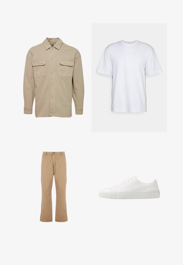 Beige knapper skjorte laget av bomullsmiks, med spiss krage, to brystlommer og lange ermer med knappeledd.; Filippa K HEAVY CREW NECK TEE - T-shirts - white; Beige bomullsbukser med rett snitt, med knappelukking, frontlommer og en jevn tekstur.; Hvite skinnsneakers med glatt overflate, rund tå og seks hull for snøring. Har en teksturert gummisåle og minimalistisk design.