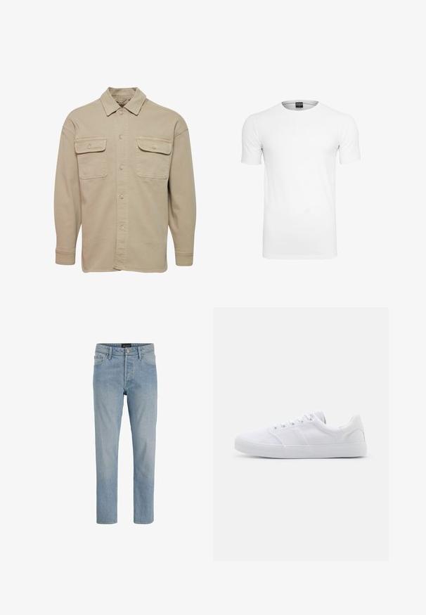 Beige skjorte med knapper lavet af bomuldsblanding, udstyret med spidse kraver, to brystlommer og lange ærmer med knapmanchetter.; Enkel hvid t-shirt med korte ærmer og rund halsudskæring med et sort mærke inden i kraven mod en hvid baggrund.; Lysblå denim jeans med lige snit, fem-lommers design, knaplukning og en let slidt finish.; Hvide lærreds sneakers med gummisål, der har seks snørehuller, en struktureret tåkap og et minimalistisk design.