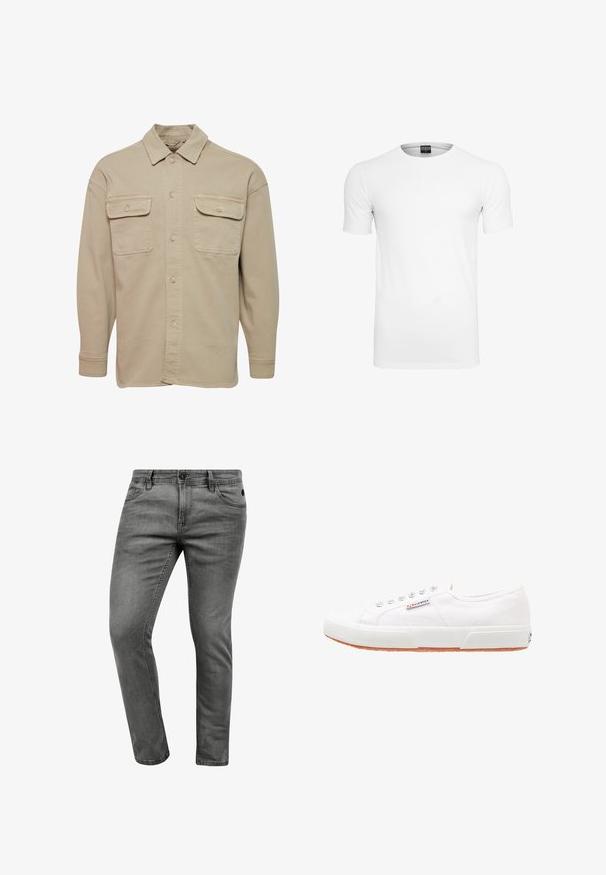 Chemise beige à manches longues en mélange de coton, avec un col pointu, deux poches poitrine et des poignets à boutons.; T-shirt blanc uni à manches courtes col rond avec une étiquette noire à l'intérieur du col sur fond blanc.; Jean en denim gris avec une coupe slim, comportant cinq poches, une fermeture à bouton et des détails de couture subtils. Texture douce et design épuré.; Baskets en toile blanches avec une semelle en caoutchouc, design à lacets et une petite étiquette logo sur le côté. Tige blanche texturée et semelle extérieure marron.