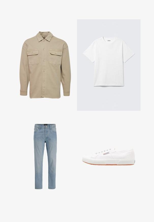 Beige skjorte med knapper lavet af bomuldsblanding, udstyret med spidse kraver, to brystlommer og lange ærmer med knapmanchetter.; Hvid kortærmet crewneck T-shirt lagt fladt ud, ensfarvet design, med "WEEKDAY" mærkat inde i kraven på en lys baggrund.; Lysblå denim jeans med lige snit, fem-lommers design, knaplukning og en let slidt finish.; Hvide kanvas sneakers med gummisål, snørebåndsdesign og et lille logo mærke på siden. Tekstureret hvid overdel og brun ydersål.