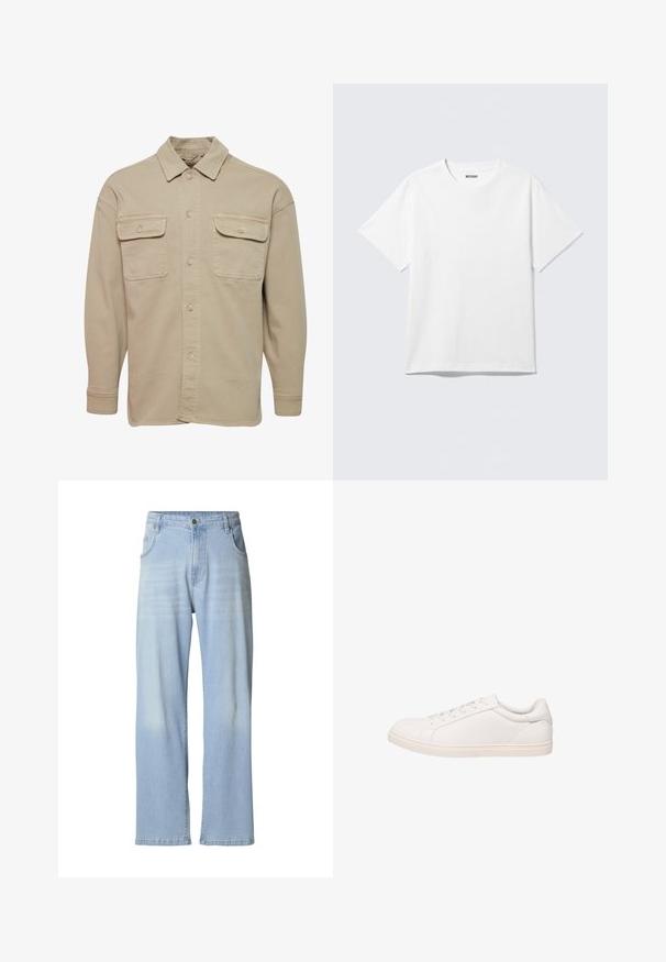 Beige skjorte med knapper lavet af bomuldsblanding, udstyret med spidse kraver, to brystlommer og lange ærmer med knapmanchetter.; Hvid kortærmet crewneck T-shirt lagt fladt ud, ensfarvet design, med "WEEKDAY" mærkat inde i kraven på en lys baggrund.; Lyseblå denimjeans med rette ben, der har subtile falmede detaljer, fem lommer og en metalknaplukning i linningen.; Hvid lavt sneakersko med snørelukning og flad sål, vist i sideprofil på hvid baggrund.