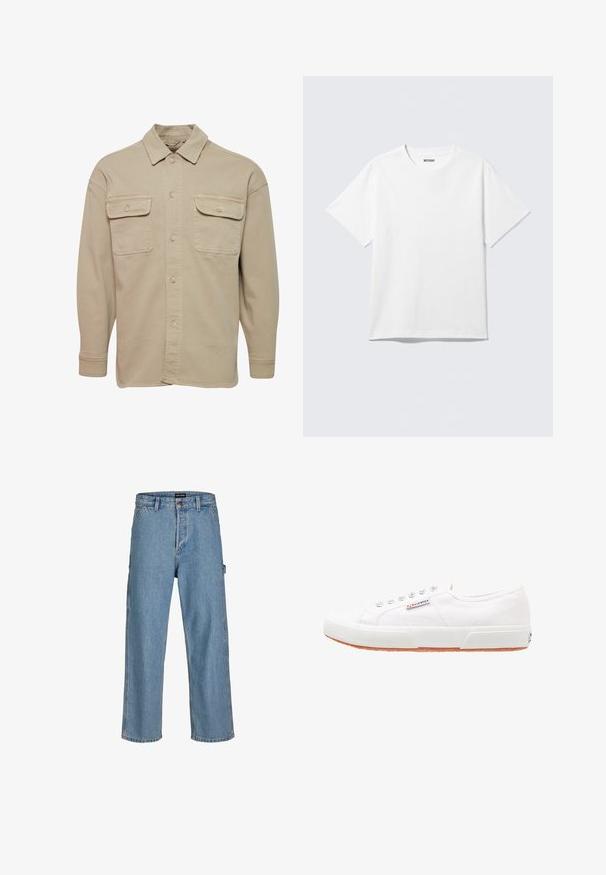 Beige skjorte med knapper lavet af bomuldsblanding, udstyret med spidse kraver, to brystlommer og lange ærmer med knapmanchetter.; Hvid kortærmet crewneck T-shirt lagt fladt ud, ensfarvet design, med "WEEKDAY" mærkat inde i kraven på en lys baggrund.; Lysblå denim jeans med afslappet pasform, lige ben og klassisk taljebutton. Har sidelommer og subtile syninger.; Hvide kanvas sneakers med gummisål, snørebåndsdesign og et lille logo mærke på siden. Tekstureret hvid overdel og brun ydersål.