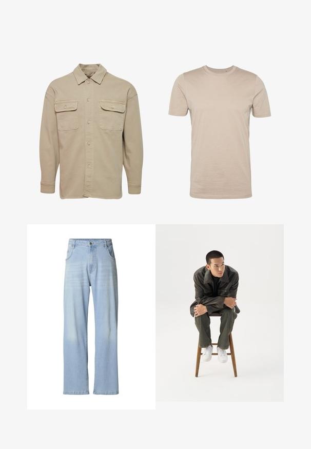 Beige Hemdblusenshirt aus Baumwollmischung mit spitzem Kragen, zwei Brusttaschen und langen Ärmeln mit geknöpften Manschetten.; Beige Baumwoll-T-Shirt, kurze Ärmel, runder Halsausschnitt, glatte Textur, nahtloses Design, leichtes Material, keine sichtbaren Logos oder Muster.; Hellblaue Jeans aus Denim mit geradem Bein, dezent ausgewaschen, fünf Taschen und einem Metallknopfverschluss am Bund.; Junger Mann in dunkler Lederjacke und Jeans sitzt auf einem Holzstuhl, lehnt sich mit verschränkten Armen nach vorne und schaut seitlich vor weißem Hintergrund.