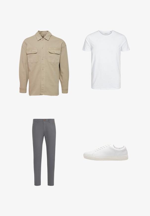 Beige Hemdblusenshirt aus Baumwollmischung mit spitzem Kragen, zwei Brusttaschen und langen Ärmeln mit geknöpften Manschetten.; Rundhals-T-Shirt mit kurzen Ärmeln in reinem Weiß, aus weicher Baumwolle, mit einem schlichten Design ohne sichtbare Muster oder Akzente.; Graue Baumwollhosen mit einer taillierten Passform, ausgestattet mit einem Knopfverschluss, normalen Taschen und einer glatten Textur.; Weiße Leder-Sneaker mit glatter Textur, runder Zehenpartie, Schnürverschluss und flacher Gummisohle. Minimalistisches Design ohne sichtbare Muster.