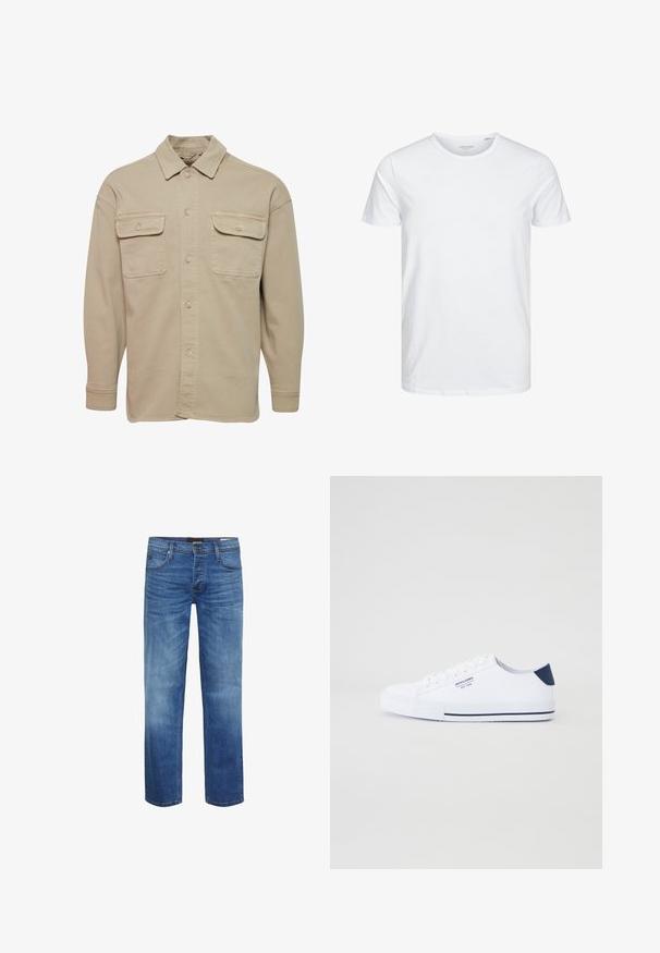 Beige skjorte med knapper lavet af bomuldsblanding, udstyret med spidse kraver, to brystlommer og lange ærmer med knapmanchetter.; Rundhals kortærmet t-shirt i ensfarvet hvid, lavet af blød bomuld, har et simpelt design uden synlige mønstre eller detaljer.; Lyseblå denimjeans med et falmet look, lige snit, fem-lommers design og lynlås. Har brune syninger og et logo-patch.; Hvide kanvas sneakers med en marineblå hælaccents, flad gummisål, rund tå og hvide snørebånd. Har logo på siden.