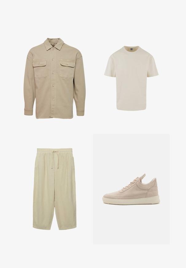Beige skjorte med knapper lavet af bomuldsblanding, udstyret med spidse kraver, to brystlommer og lange ærmer med knapmanchetter.; Urban Classics LOOSE TEE - T-shirts basic - whitesand; Beige løstsiddende cropped bukser med elastisk talje og snøre foran, lavet af letvægtsstof.; Beige ruskinds sneakers med afrundet tå, hvid sål og flade snørebånd. Har en træktab ved hælen og teksturerede sidelapper.