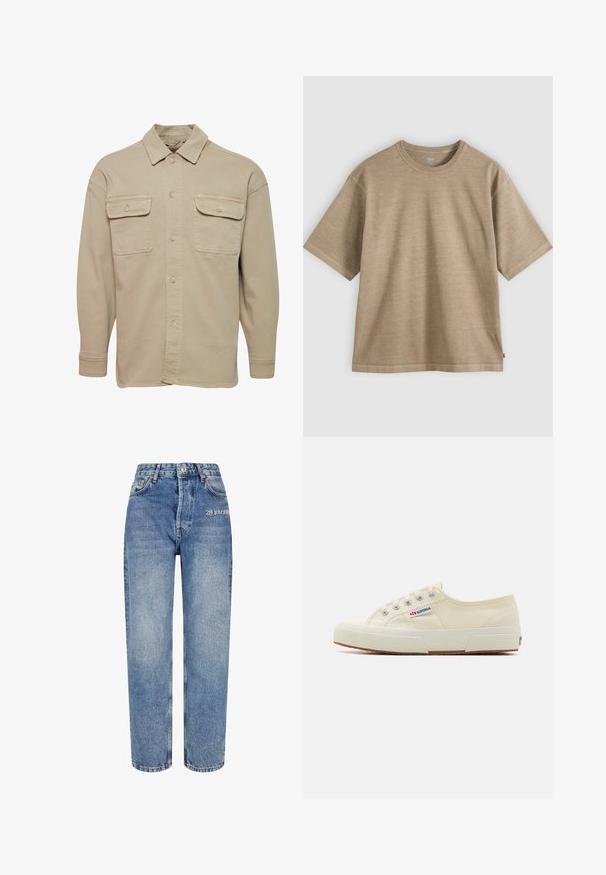 Chemise beige à manches longues en mélange de coton, avec un col pointu, deux poches poitrine et des poignets à boutons.; T-shirt en coton beige à manches courtes avec col rond et coupe décontractée, présenté sur un fond gris clair uni.; Jeans en denim bleu clair avec une taille haute, une coupe droite et des coutures contrastées. Présente un logo brodé à l'avant et cinq poches classiques.; Baskets en toile beige au design épuré, œillets en métal et semelle en caoutchouc. Présente un motif texturé et un détail de logo sur le côté.