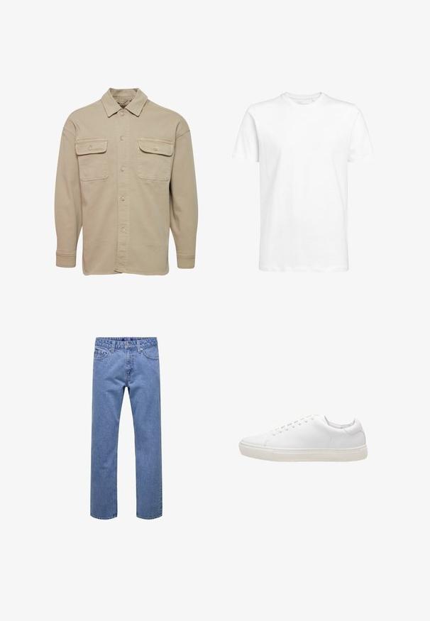 Beige skjorte med knapper lavet af bomuldsblanding, udstyret med spidse kraver, to brystlommer og lange ærmer med knapmanchetter.; Hvid kortærmet t-shirt lavet af bomuld med en rund halsudskæring og en standard pasform. Enkel design, ingen mønstre eller synlige detaljer.; Blå denimjeans med lige ben, forrest med knap og lynlås, bæltestropper samt lommer foran og bagpå.; Hvide lædersneakers med en glat overflade, rund tå, snørebåndslukning og flad gummisål. Minimalistisk design uden synlige mønstre.