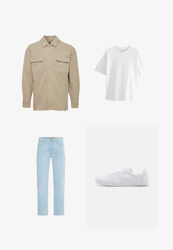Beige skjorte med knapper lavet af bomuldsblanding, udstyret med spidse kraver, to brystlommer og lange ærmer med knapmanchetter.; Simpel hvid T-shirt med korte ærmer og rund hals med en afslappet pasform på hvid baggrund.; Lysblå denim jeans med lige snit, fem-lomme design, subtil falmning og klassisk talje med lukning med knap foran.; Hvide lærreds sneakers med gummisål, der har seks snørehuller, en struktureret tåkap og et minimalistisk design.
