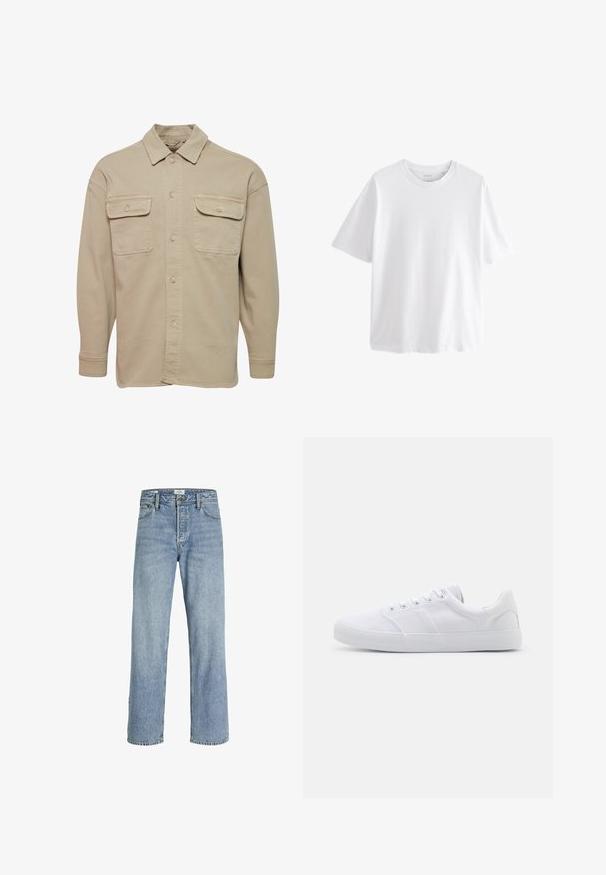Beige skjorte med knapper lavet af bomuldsblanding, udstyret med spidse kraver, to brystlommer og lange ærmer med knapmanchetter.; Simpel hvid T-shirt med korte ærmer og rund hals med en afslappet pasform på hvid baggrund.; Lyseblå denimjeans med lige ben, høj talje, fem-lommers design og subtilt slid, med metalknaplukning.; Hvide lærreds sneakers med gummisål, der har seks snørehuller, en struktureret tåkap og et minimalistisk design.