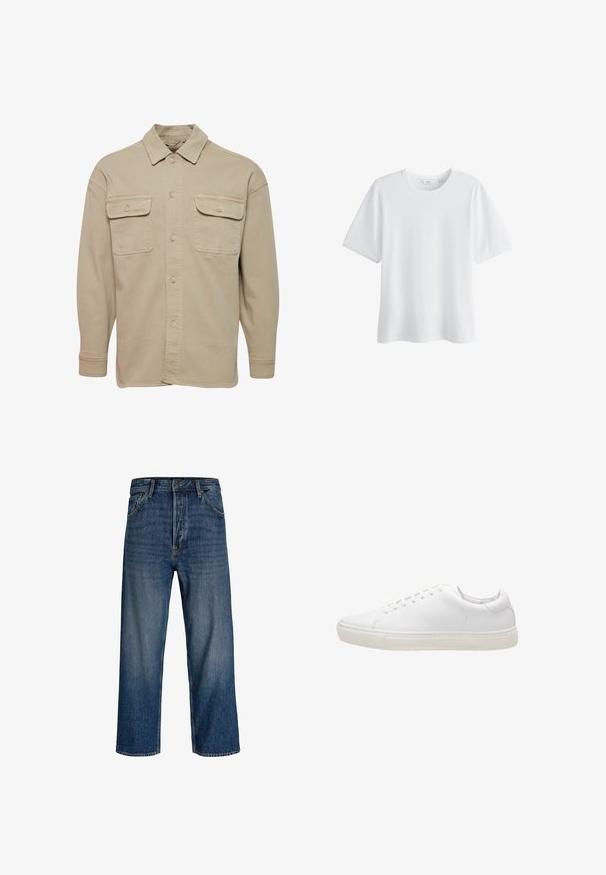 Beige Hemdblusenshirt aus Baumwollmischung mit spitzem Kragen, zwei Brusttaschen und langen Ärmeln mit geknöpften Manschetten.; Schlichtes weißes T-Shirt mit kurzen Ärmeln und Rundhalsausschnitt, vor weißem Hintergrund gezeigt, Vorderansicht.; Jeans aus Denim mit geradem Bein, dunkelblauer Farbe und subtilen Verblassungen. Verfügt über fünf Taschen und einen Knopfverschluss.; Weiße Leder-Sneaker mit glatter Textur, runder Zehenpartie, Schnürverschluss und flacher Gummisohle. Minimalistisches Design ohne sichtbare Muster.