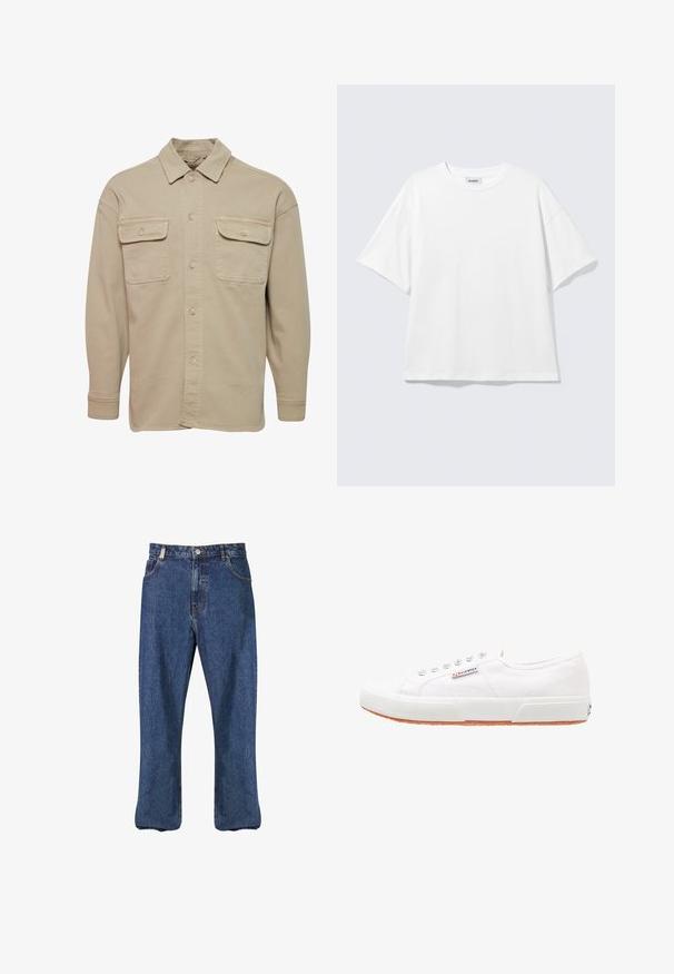 Camisa de botones beige hecha de una mezcla de algodón, con cuello recto, dos bolsillos en el pecho y mangas largas con puños abotonados.; Camiseta blanca de gran tamaño con mangas cortas, cuello redondo y hombros caídos, plana sobre fondo gris claro.; Vaqueros de mezclilla en azul oscuro, con un diseño de pierna recta, estilo clásico de cinco bolsillos y costuras visibles a lo largo de las costuras.; Zapatillas de lona blancas con suela de goma, diseño de cordones y una pequeña etiqueta con el logo en el lateral. Parte superior texturizada blanca y suela marrón.