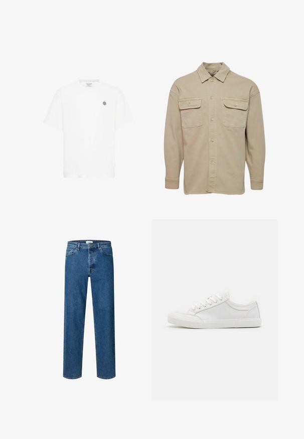 Beige overheadshirt van een katoenmix, met een puntige kraag, twee borstzakken en lange mouwen met knoopmanchetten.; Witte t-shirt met korte mouwen, voorzien van een ronde halslijn en een klein grijs geometrisch logo op de linkerborst. Gemaakt van zacht katoen.; Blauwe straight-leg denim jeans met knoop- en ritssluiting, ceintuurlussen en een vijfzakkenontwerp.; Witte sneakers met een glad leren bovenwerk, ronde neus, platte rubberen zool en zes oogjes voor veters. Subtiele stikseldetails, minimalistisch ontwerp.