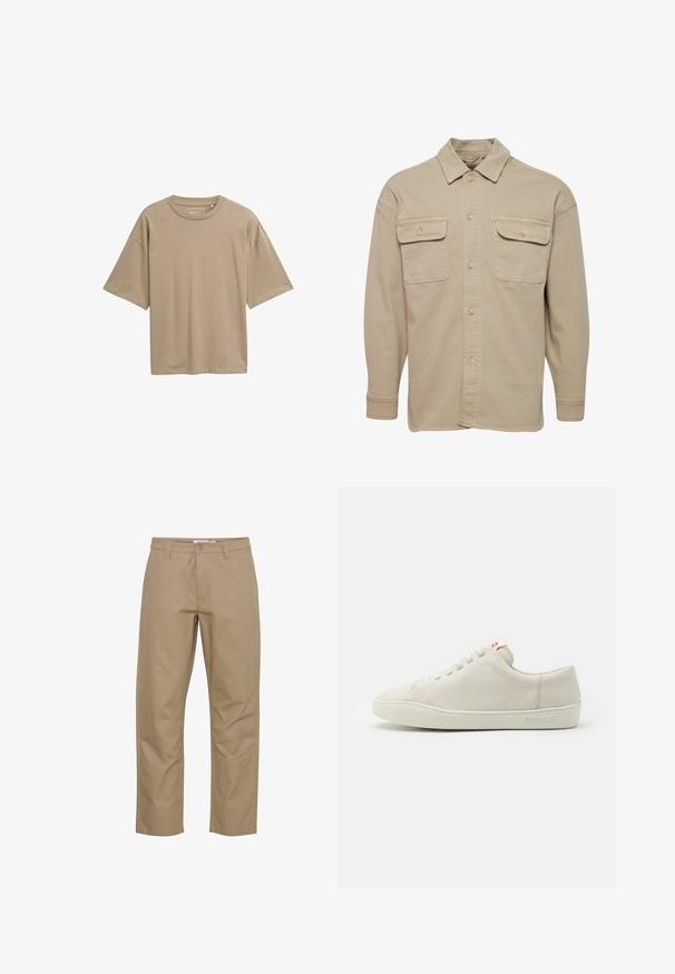 Camisa de botones beige hecha de una mezcla de algodón, con cuello recto, dos bolsillos en el pecho y mangas largas con puños abotonados.; Camiseta beige de manga corta con un corte relajado, escote redondo y textura suave. Sin patrones visibles ni detalles de hardware.; Pantalones de algodón beige con un diseño de pierna recta, que cuentan con un cierre frontal de botón y cremallera, bolsillos laterales y un acabado limpio.; Zapatilla de cuero blanca con punta redondeada, suela blanca plana y un diseño de cordones minimalista. Presenta un sutil logo grabado en el costado.
