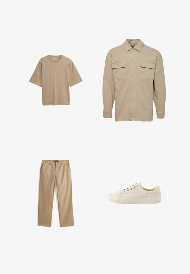 Camisa de botones beige hecha de una mezcla de algodón, con cuello recto, dos bolsillos en el pecho y mangas largas con puños abotonados.; Camiseta beige de manga corta con un corte relajado, escote redondo y textura suave. Sin patrones visibles ni detalles de hardware.; Pantalones beige de pierna recta con cierre de botón y cremallera, trabillas para cinturón y bolsillos laterales, colocados planos sobre un fondo blanco.; Next REGULAR FIT - LONGLINE SMART CASUAL - Zapatillas - neutral